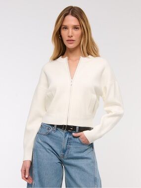 Abercrombie LuxeLoft Zip-Up Crew Cardigan Cream | XL